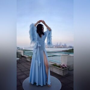 Bronx & Banco Blue Ostrich Feather Embellished Geisha Wrap Gown XS NWOT